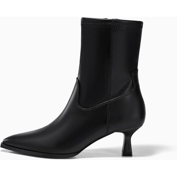 Women's Black Pointed Toe Ankle Boots Stacked Kitten Low Heel Side Zipper - Picture 5 of 6